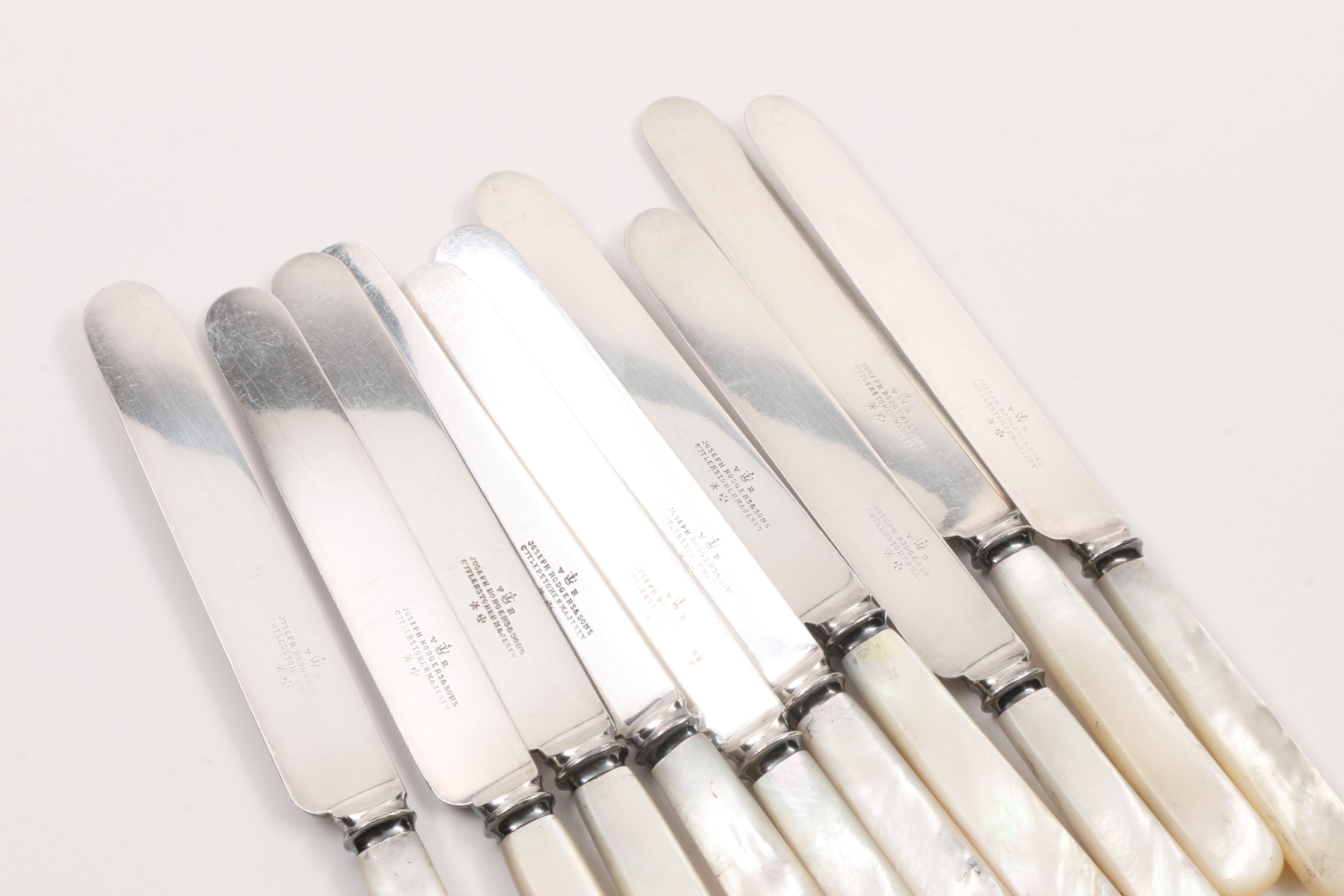 Antique Joseph Rodgers & Son Sheffield Silver Plate and Mother of Pearl Knives
