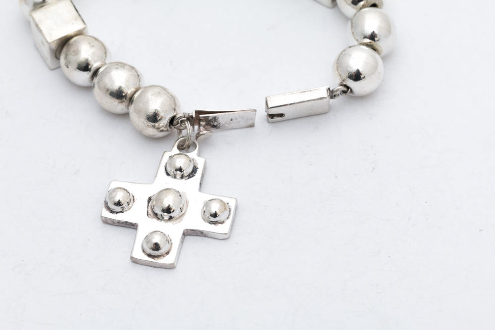 Sterling Silver Beaded Cross Pendant Bracelet