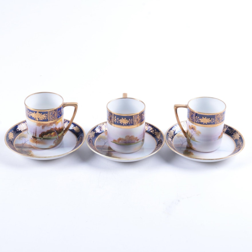 Hand-painted Noritake Porcelain Tea Mugs and Saucers