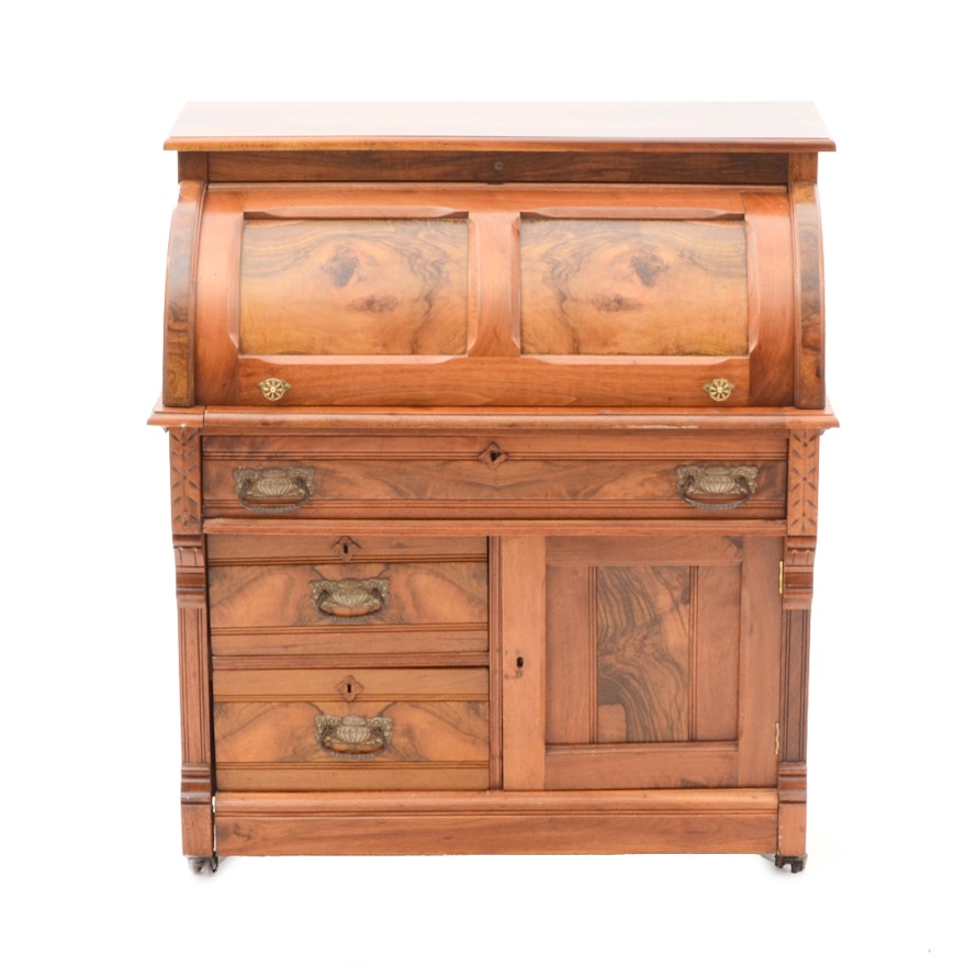 Antique Victorian Eastlake Style Burled Walnut Roll-Top Secretary Desk