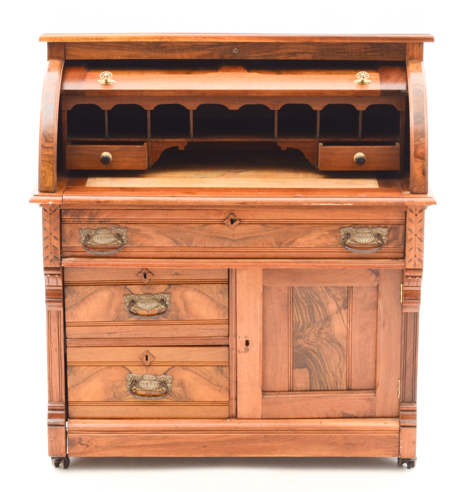 Antique Victorian Eastlake Style Burled Walnut Roll-Top Secretary Desk