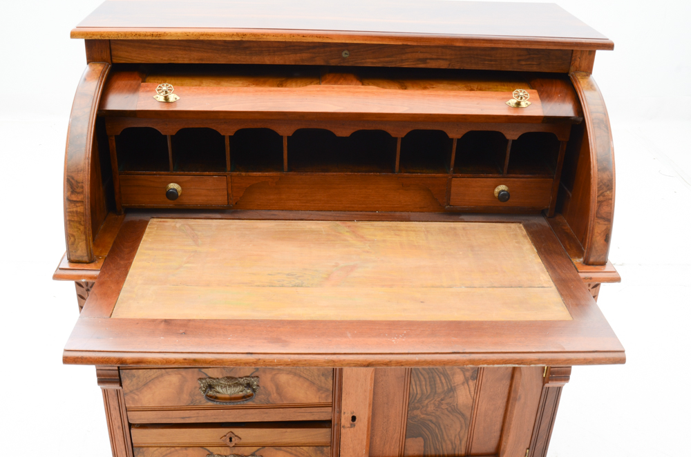 Antique Victorian Eastlake Style Burled Walnut Roll-Top Secretary Desk
