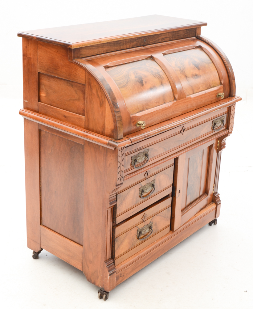 Antique Victorian Eastlake Style Burled Walnut Roll-Top Secretary Desk