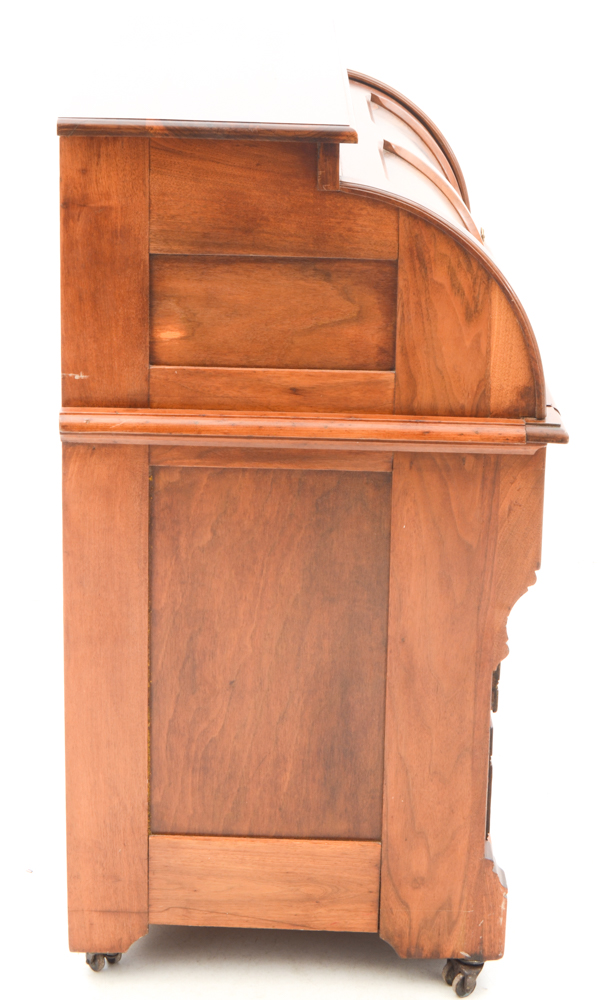 Antique Victorian Eastlake Style Burled Walnut Roll-Top Secretary Desk