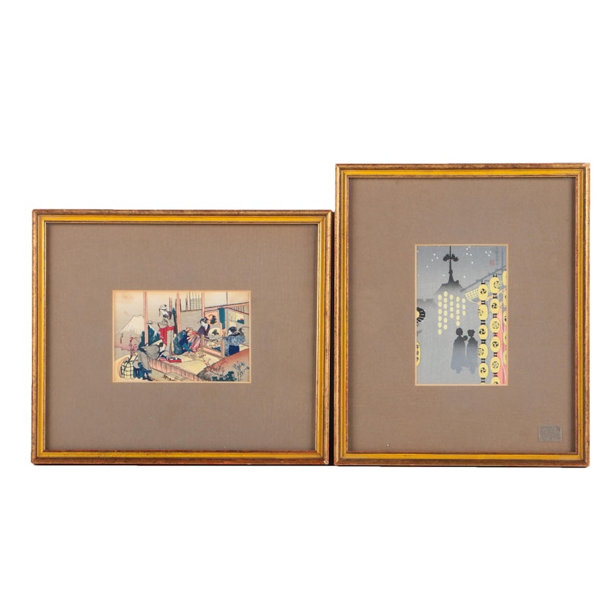 Japanese Woodblock Prints on Paper Including Print After Katsushika Hokusai