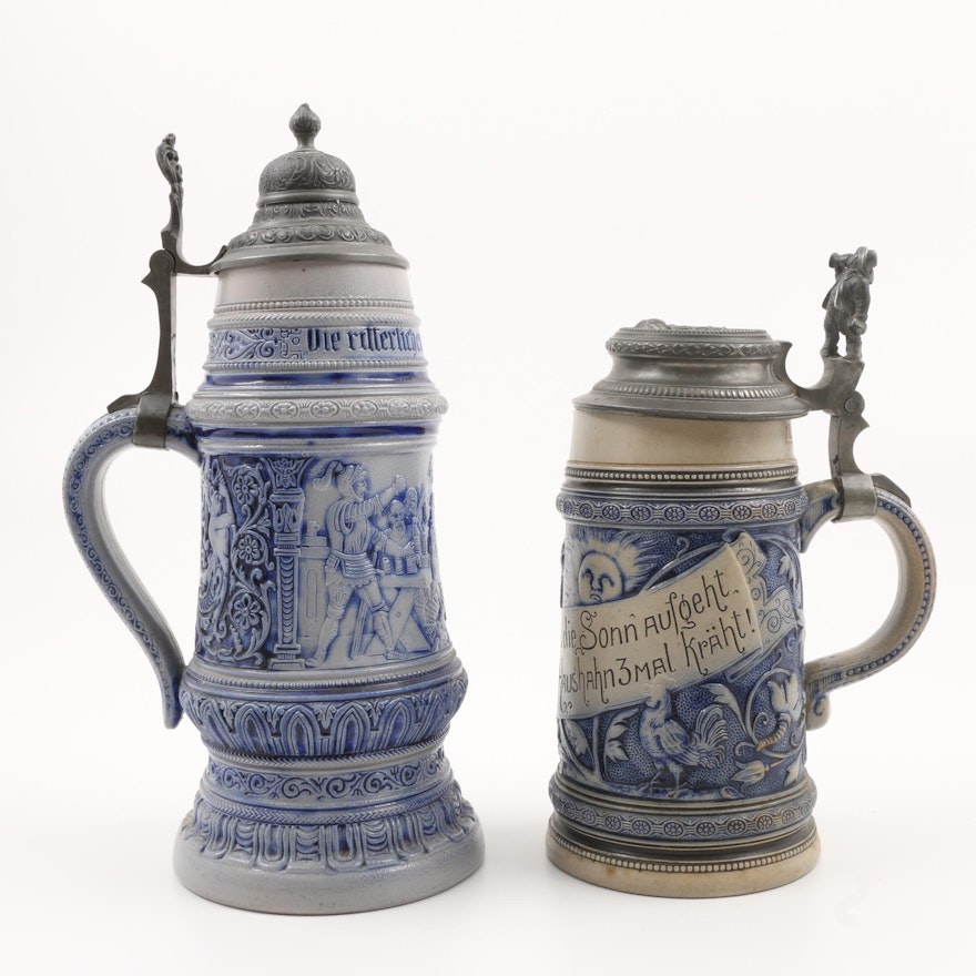 German Cobalt Decorated Steins Including Reinhold Merkelbach