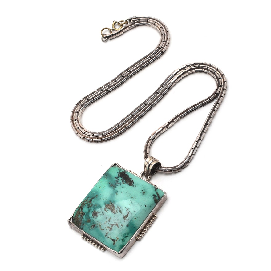 800 and 900 Silver Dyed Turquoise Pendant Necklace