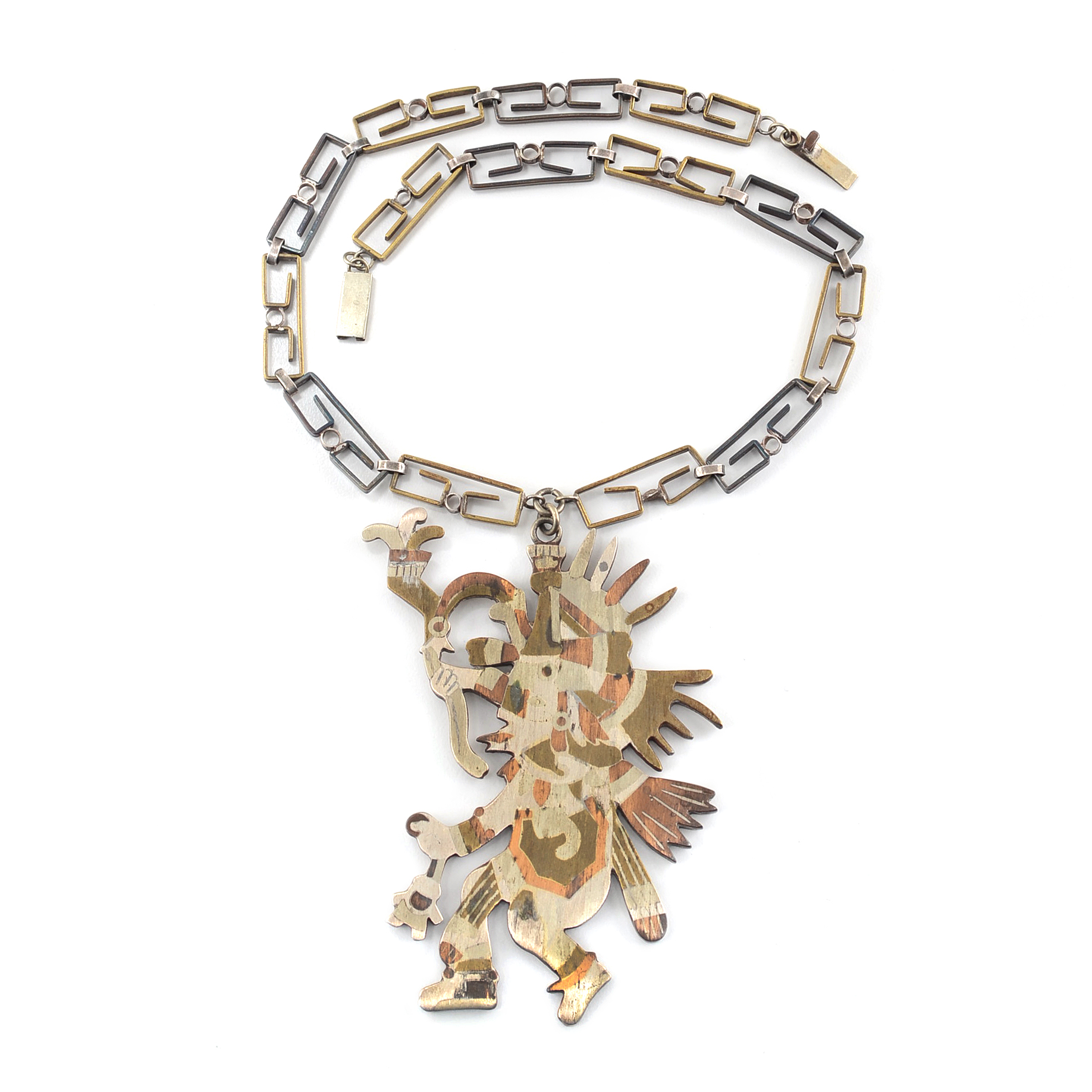 Taxco, Mexico Sterling Silver, Brass, Copper Aztec Warrior Pendant Necklace