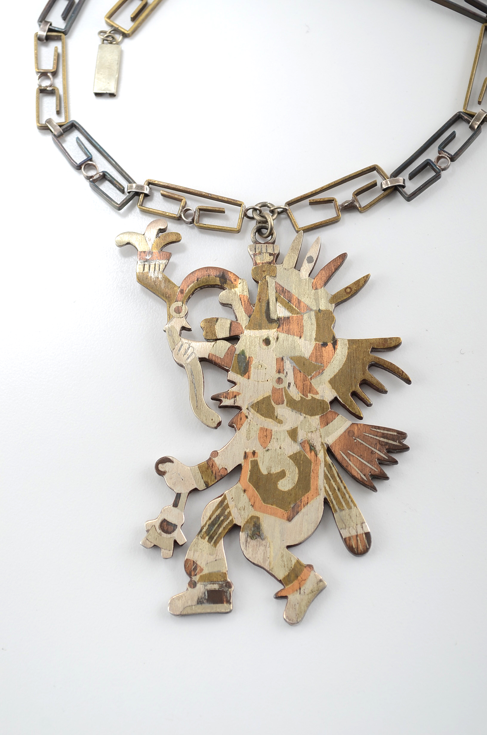 Taxco, Mexico Sterling Silver, Brass, Copper Aztec Warrior Pendant Necklace