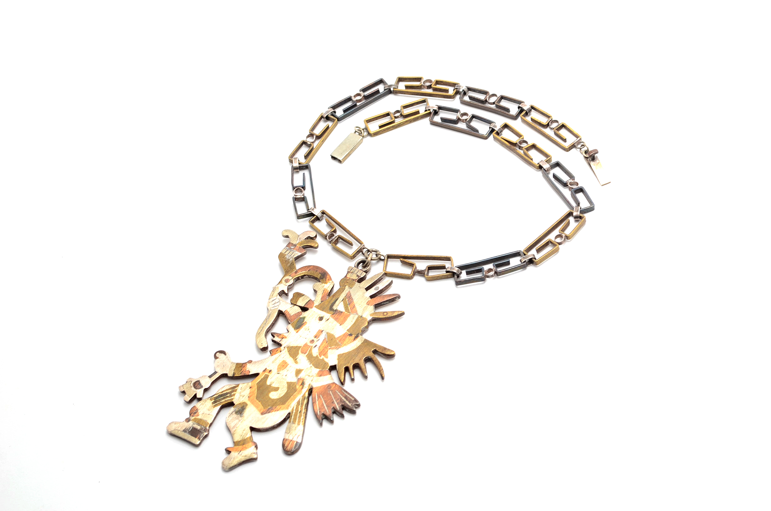 Taxco, Mexico Sterling Silver, Brass, Copper Aztec Warrior Pendant Necklace