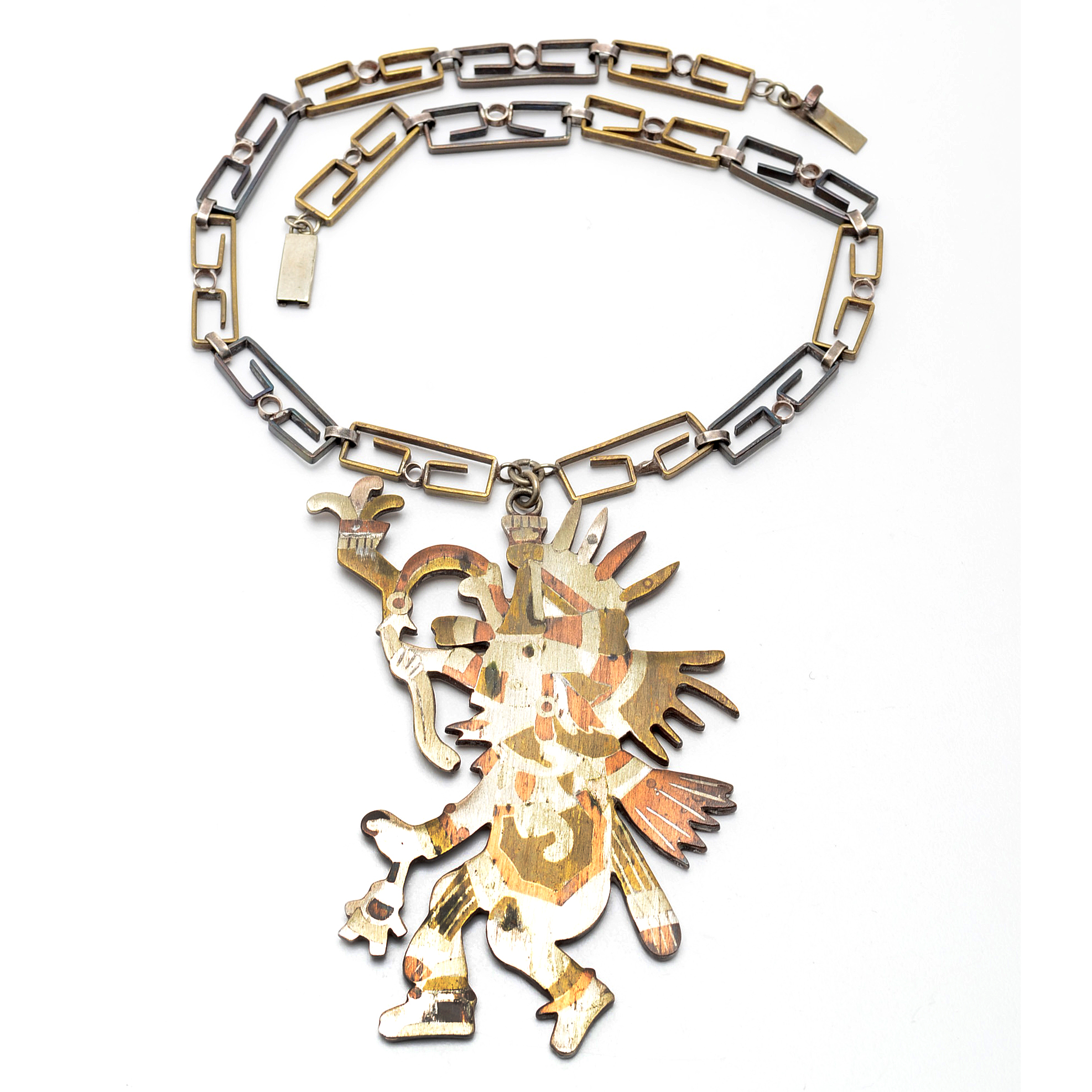 Taxco, Mexico Sterling Silver, Brass, Copper Aztec Warrior Pendant Necklace