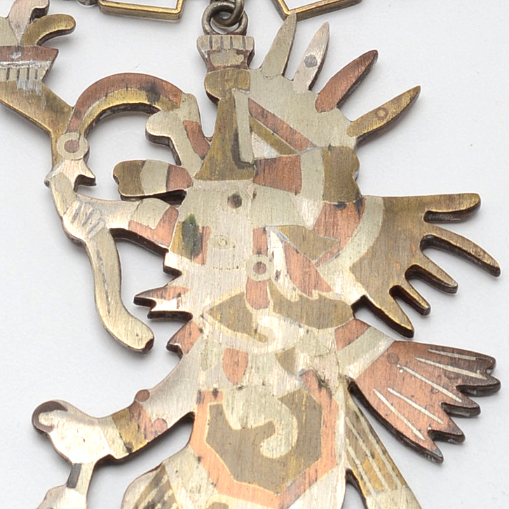 Taxco, Mexico Sterling Silver, Brass, Copper Aztec Warrior Pendant Necklace