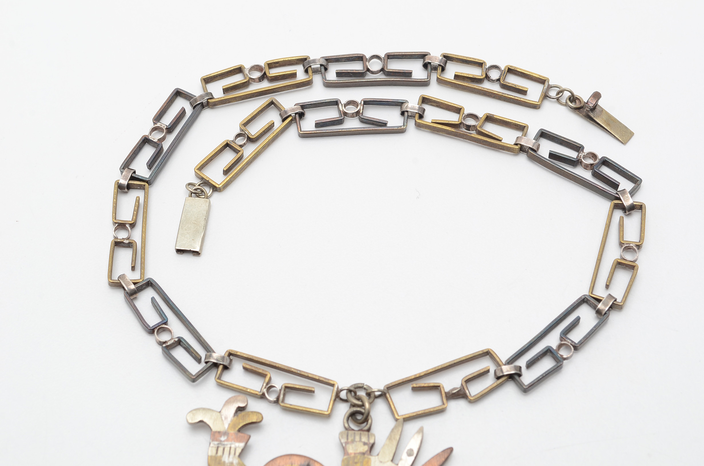 Taxco, Mexico Sterling Silver, Brass, Copper Aztec Warrior Pendant Necklace