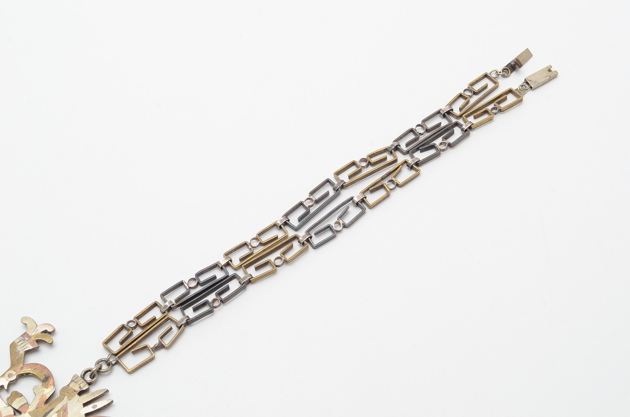 Taxco, Mexico Sterling Silver, Brass, Copper Aztec Warrior Pendant Necklace