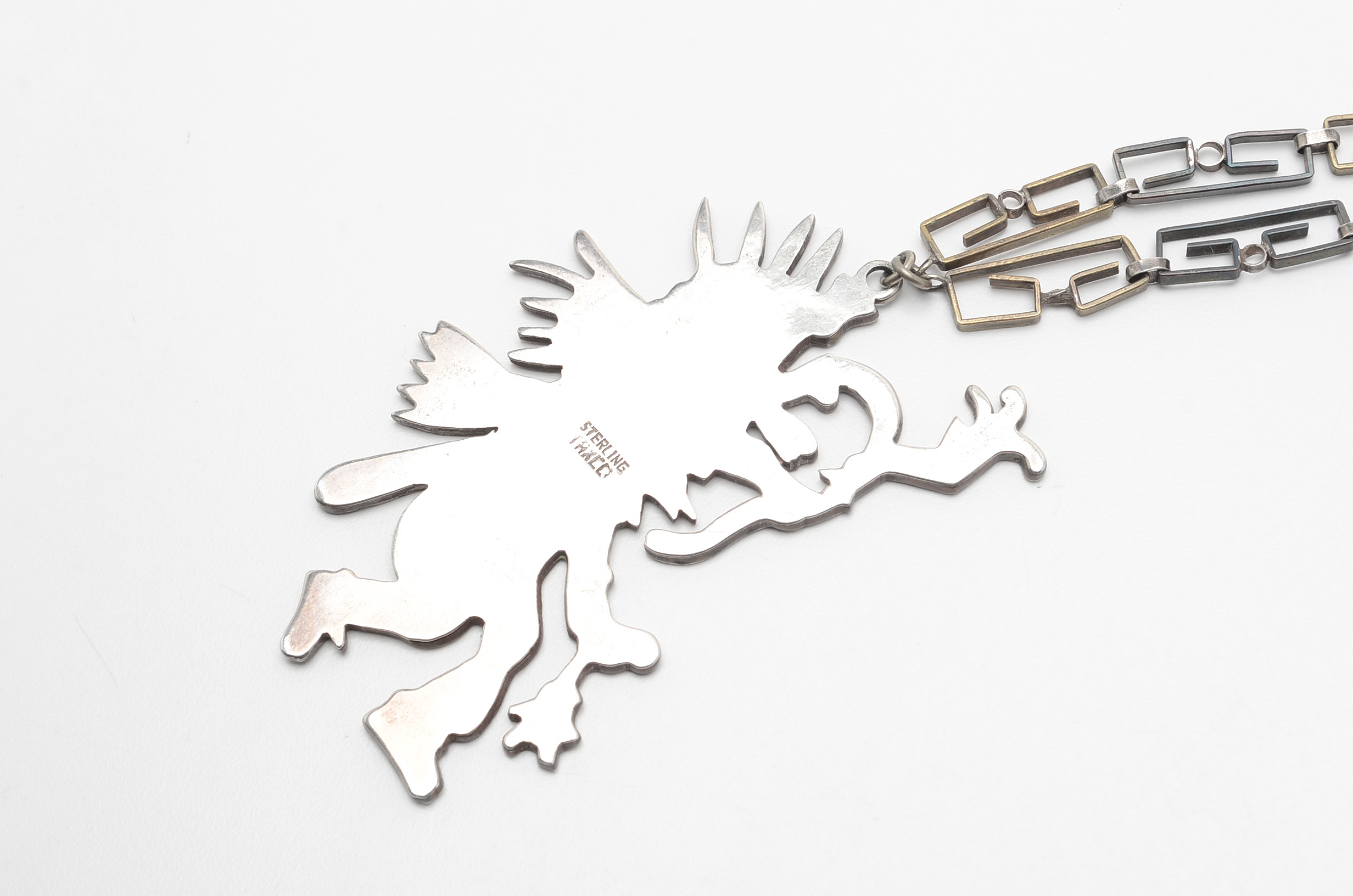 Taxco, Mexico Sterling Silver, Brass, Copper Aztec Warrior Pendant Necklace