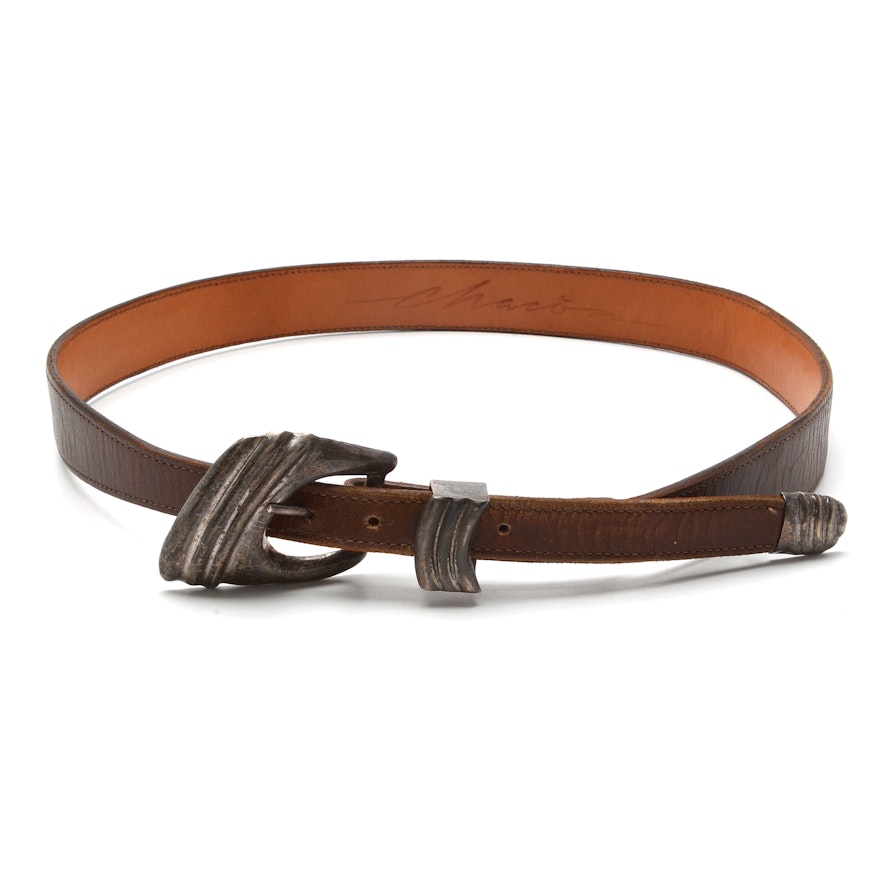 Chacon Brown Leather Belt with Taxco Sterling Silver Buckle