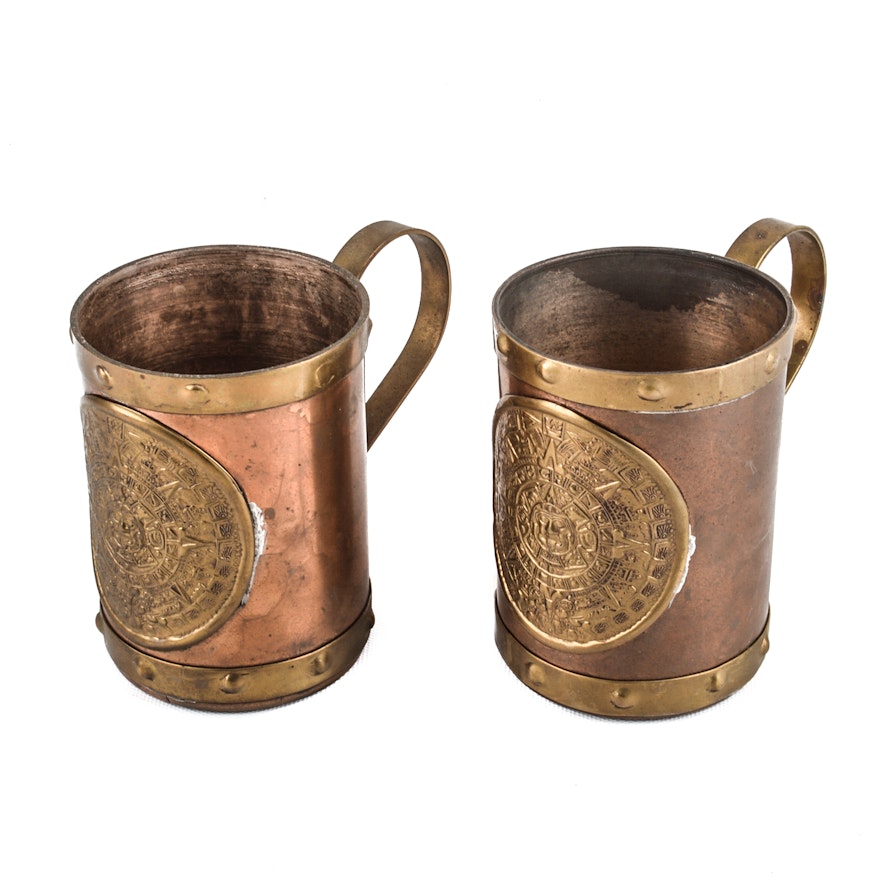 Pair of Vintage Copper and Brass Aztec Motif Mugs