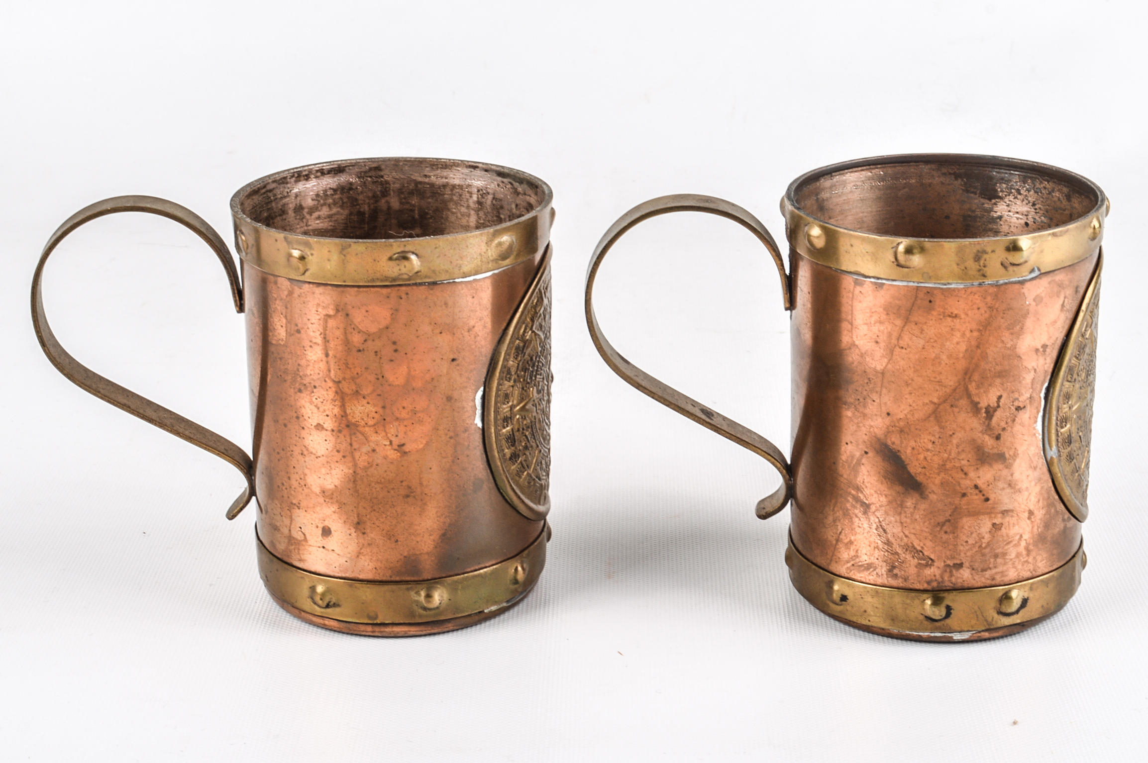 Pair of Vintage Copper and Brass Aztec Motif Mugs