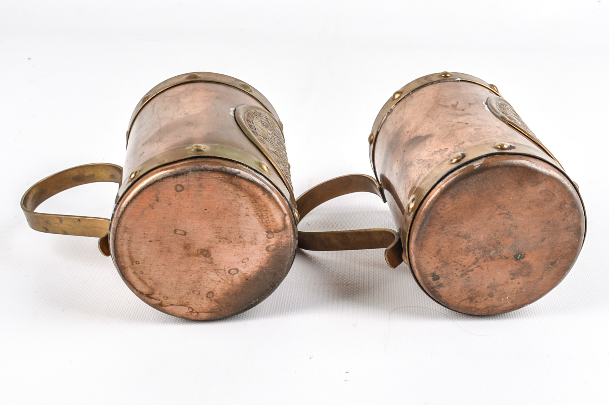 Pair of Vintage Copper and Brass Aztec Motif Mugs