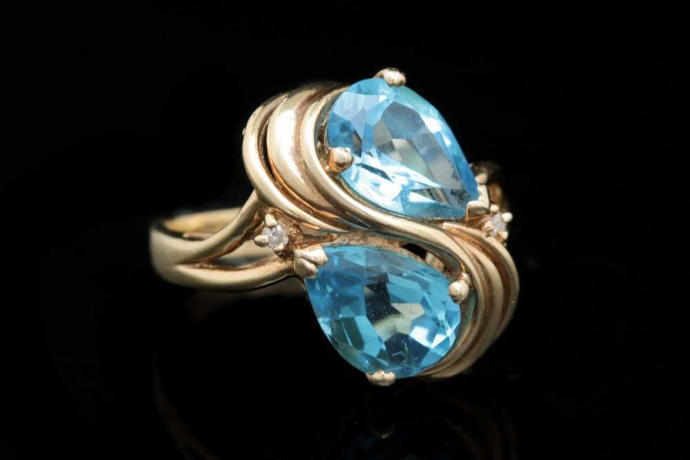 14K Yellow Gold, Blue Topaz and Diamond Ring