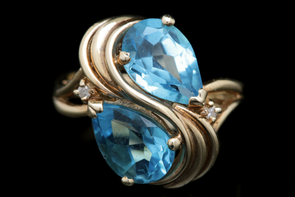 14K Yellow Gold, Blue Topaz and Diamond Ring