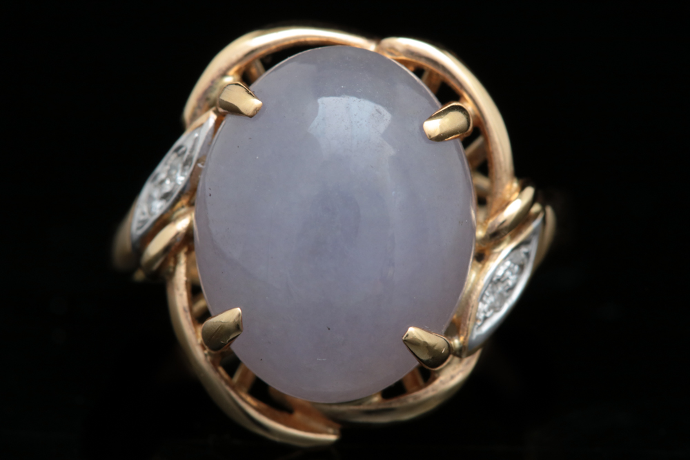 14K Yellow Gold, Purple Jadeite and Diamond Cocktail Ring