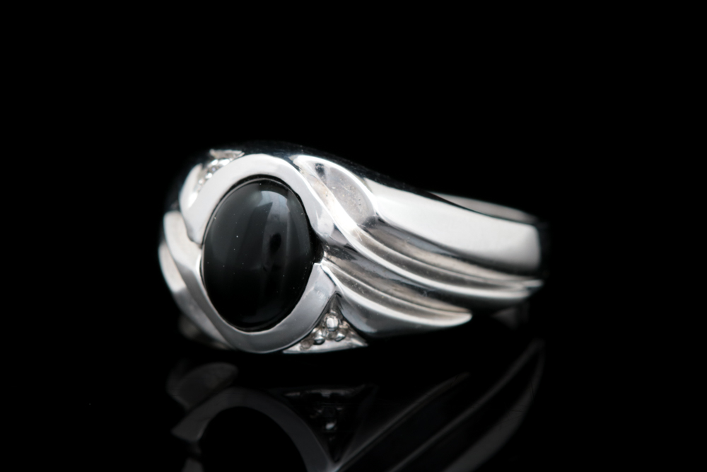 14K White Gold, Black Chalcedony and Diamond Ring