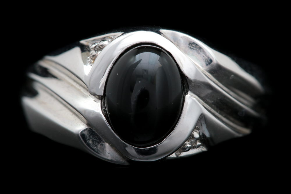14K White Gold, Black Chalcedony and Diamond Ring