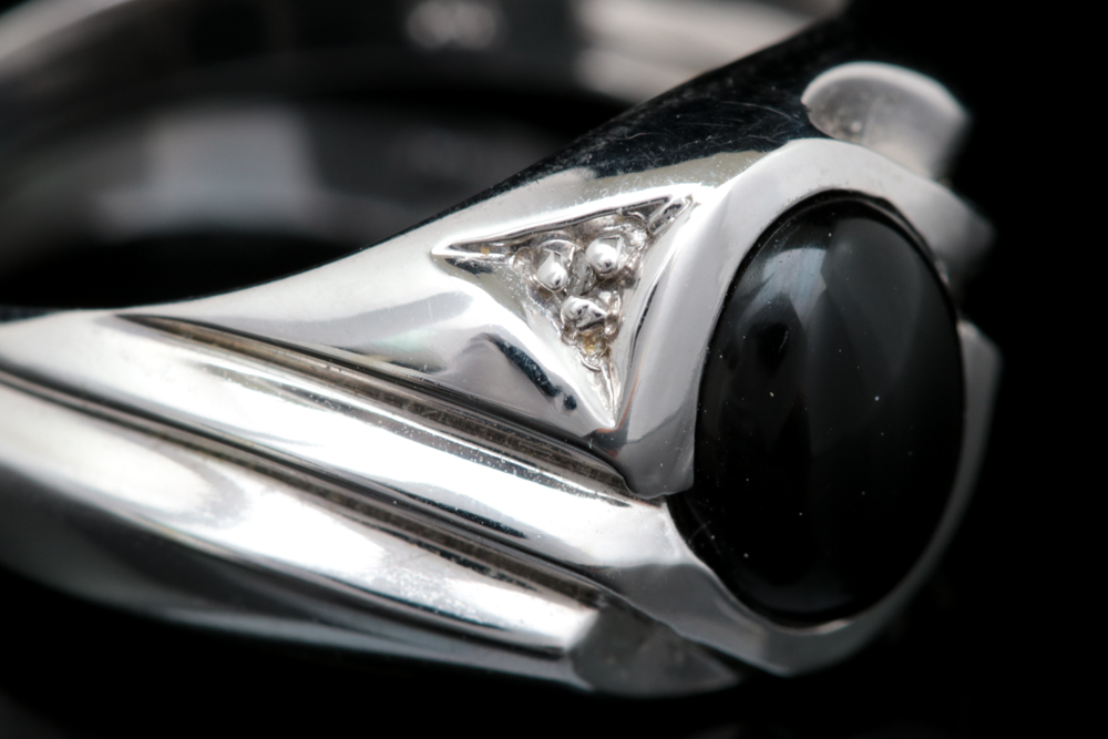 14K White Gold, Black Chalcedony and Diamond Ring