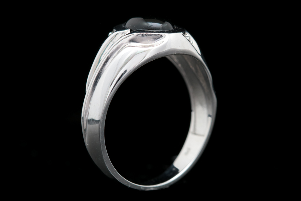 14K White Gold, Black Chalcedony and Diamond Ring