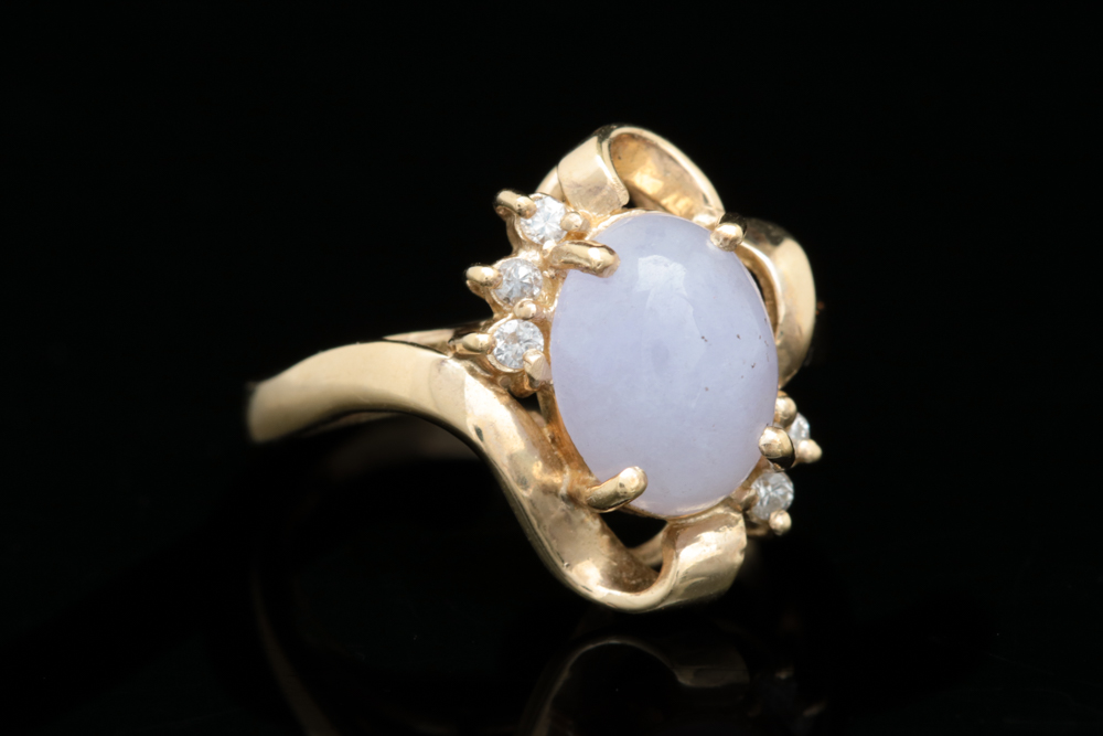 14K Yellow Gold, Purple Jadeite and Diamond Ring
