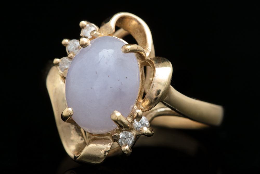 14K Yellow Gold, Purple Jadeite and Diamond Ring