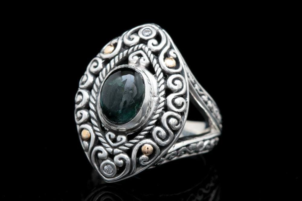 Robert Manse Sterling Silver, 18K Yellow Gold, Green Tourmaline and Diamond Ring