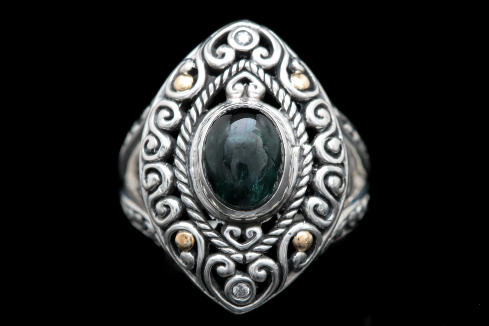 Robert Manse Sterling Silver, 18K Yellow Gold, Green Tourmaline and Diamond Ring