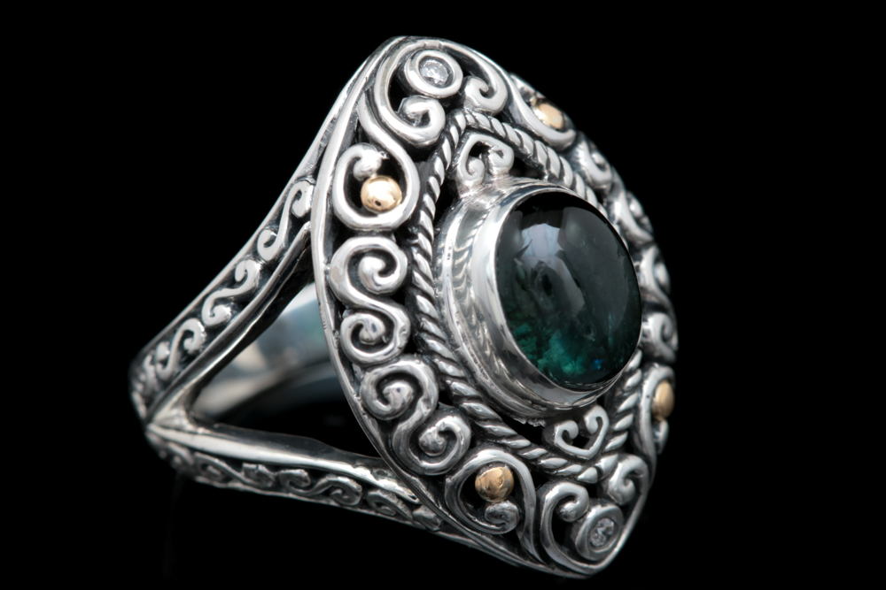 Robert Manse Sterling Silver, 18K Yellow Gold, Green Tourmaline and Diamond Ring