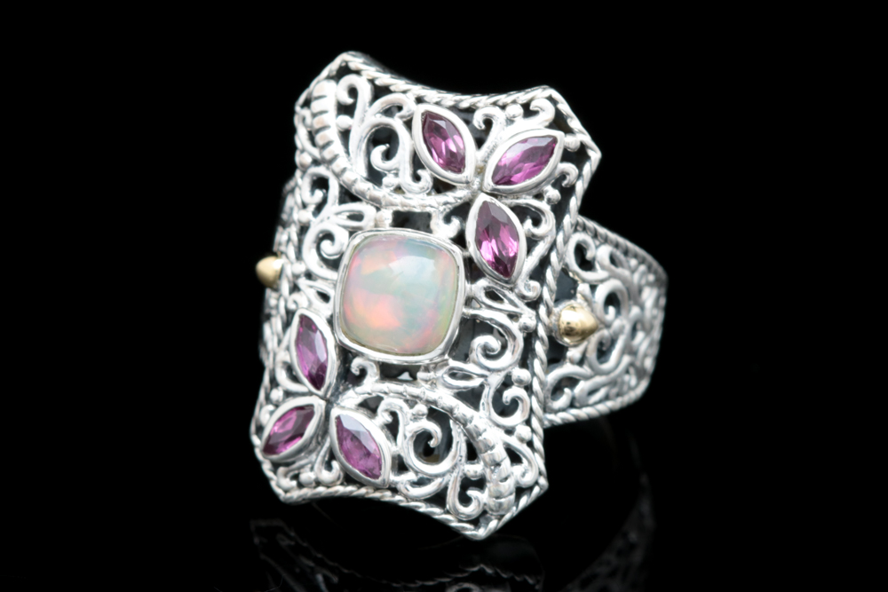 Robert Manse Sterling Silver, 18K Yellow Gold, Opal and Rhodolite Garnet Ring