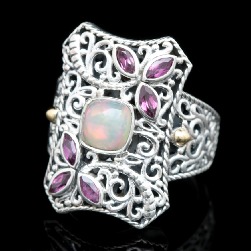 Robert Manse Sterling Silver, 18K Yellow Gold, Opal and Rhodolite Garnet Ring