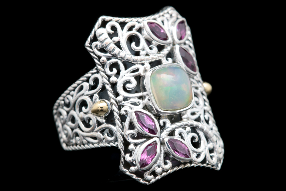 Robert Manse Sterling Silver, 18K Yellow Gold, Opal and Rhodolite Garnet Ring
