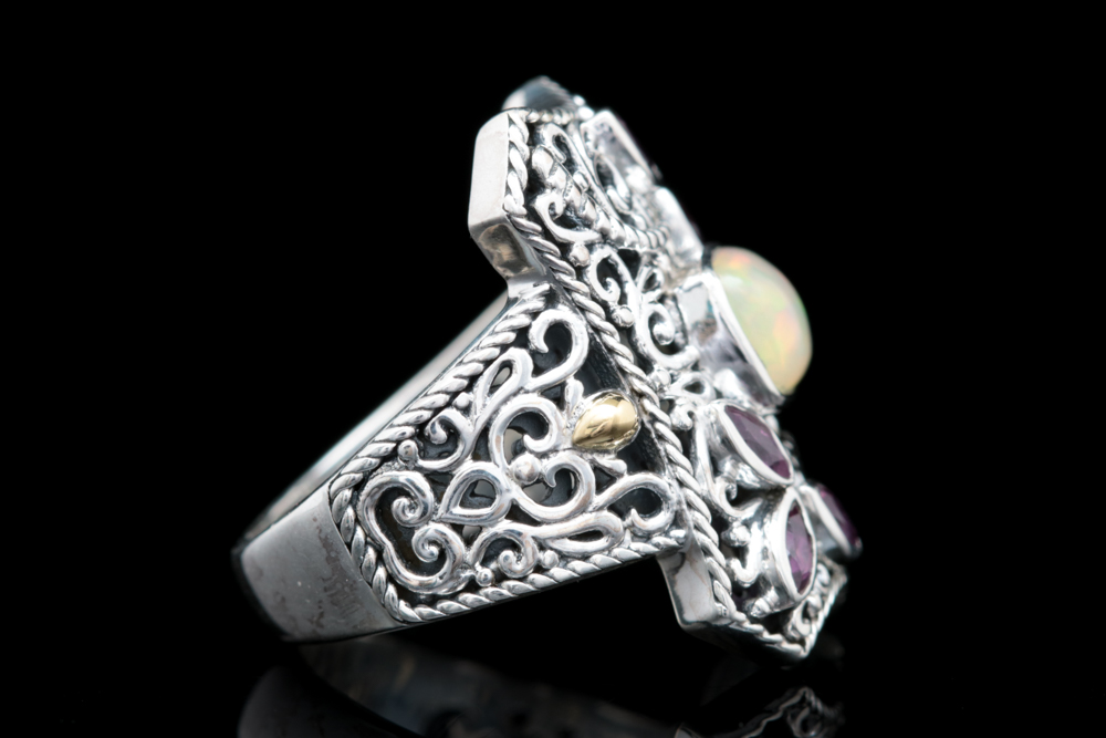 Robert Manse Sterling Silver, 18K Yellow Gold, Opal and Rhodolite Garnet Ring