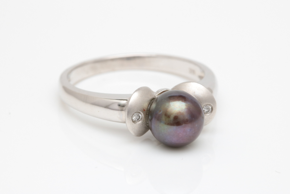 14K White Gold, Black Freshwater Pearl and Diamond Ring