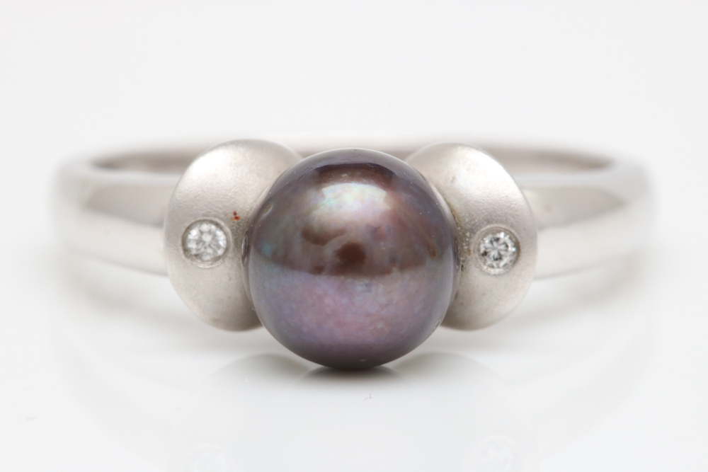 14K White Gold, Black Freshwater Pearl and Diamond Ring