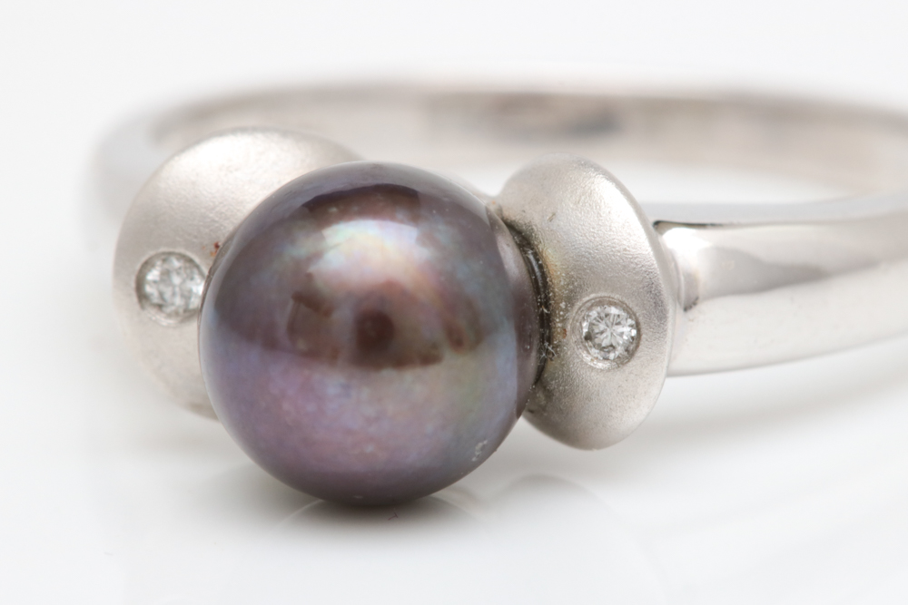 14K White Gold, Black Freshwater Pearl and Diamond Ring