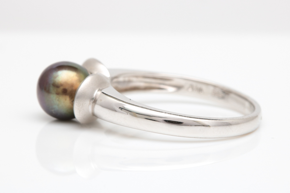 14K White Gold, Black Freshwater Pearl and Diamond Ring