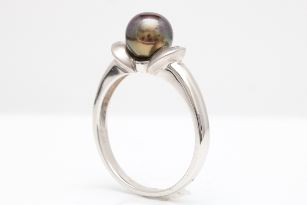 14K White Gold, Black Freshwater Pearl and Diamond Ring