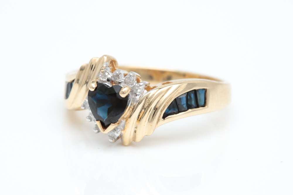 10K Yellow Gold, Blue Sapphire and Diamond Cocktail Ring