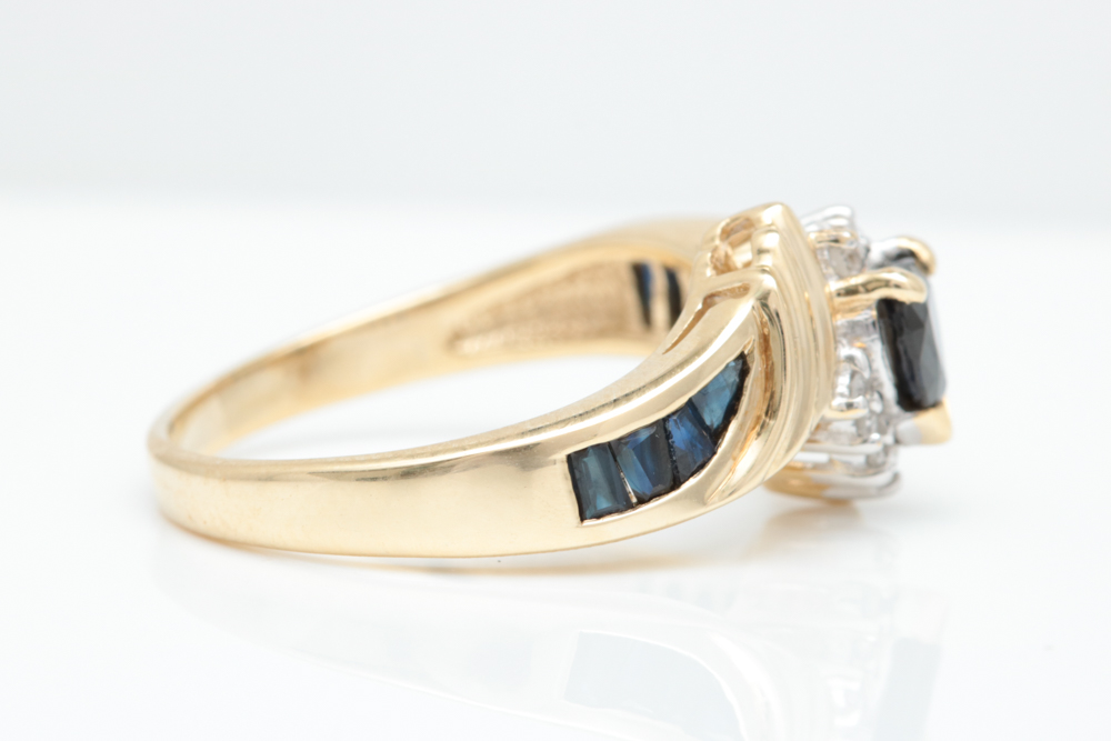 10K Yellow Gold, Blue Sapphire and Diamond Cocktail Ring