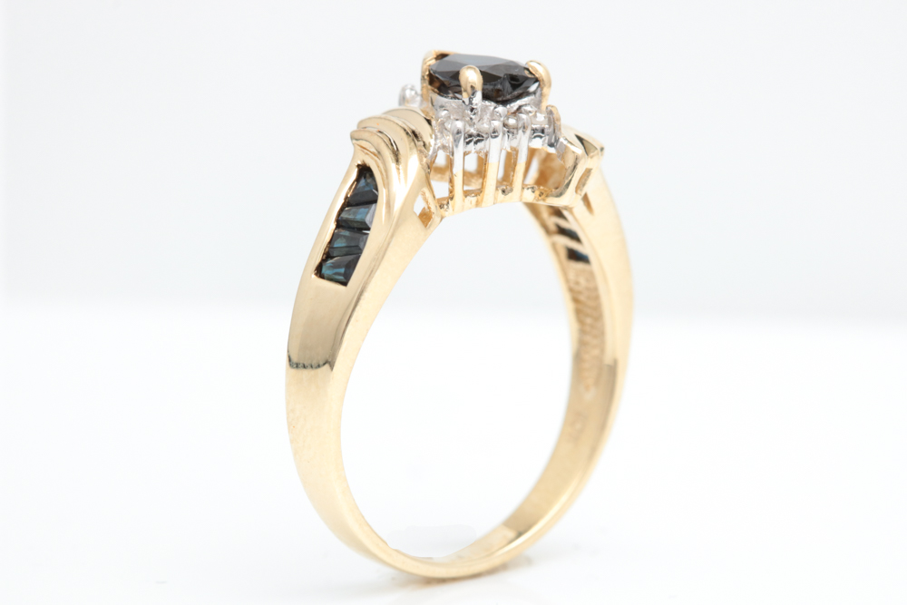 10K Yellow Gold, Blue Sapphire and Diamond Cocktail Ring