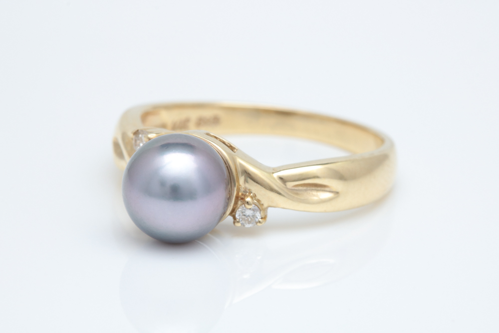 14K Yellow Gold, Dyed Akoya Pearl and Diamond Ring