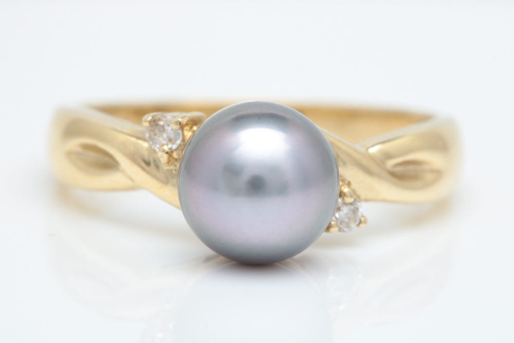 14K Yellow Gold, Dyed Akoya Pearl and Diamond Ring