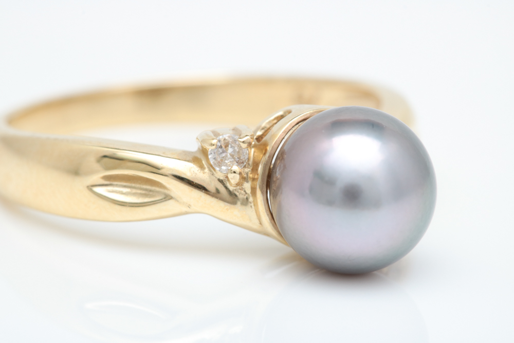 14K Yellow Gold, Dyed Akoya Pearl and Diamond Ring